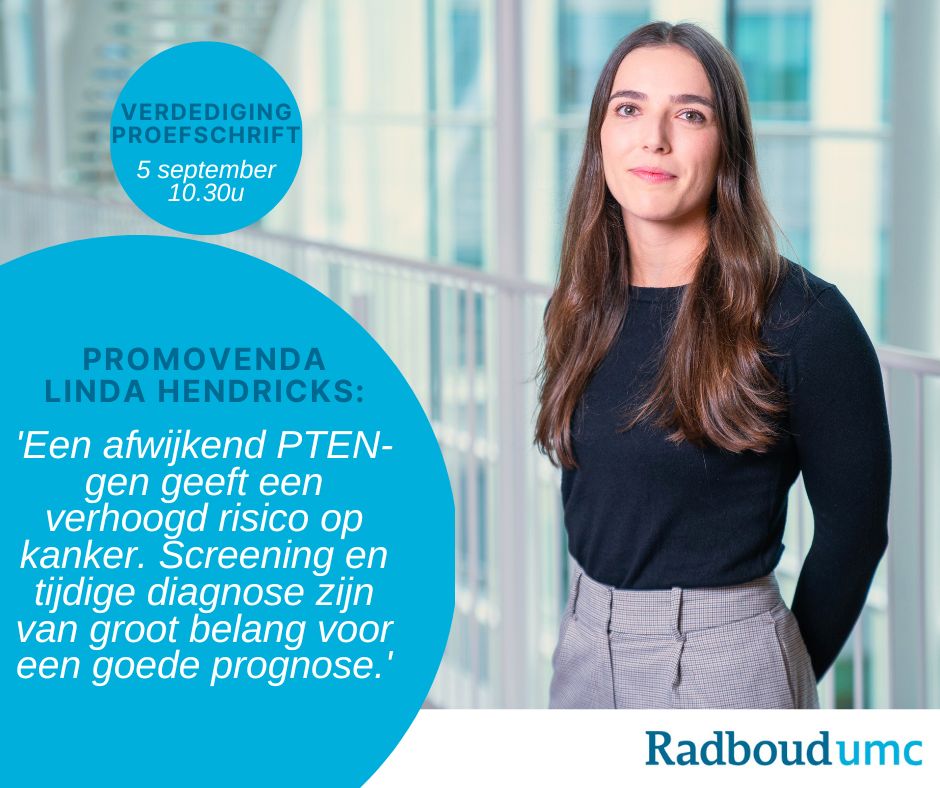 Radboudumc wetenschap (@radboudumc_weet) on Twitter photo Patiënten met een fout in het PTEN-gen lopen al op jongere leeftijd 'n verhoogd risico op #kanker. Tijdige diagnose is nodig voor een betere prognose, toont onderzoek van Linda Hendricks. Vandaag verdedigt ze haar proefschrift <a href="/radboudumc/">Radboudumc</a> | <a href="/NicolineHoogerb/">NicolineHoogerbrugge</a> | <a href="/kwf_nl/">KWFKankerbestrijding</a> | <a href="/NPORadio2/">NPO Radio 2</a> Patiënten met een fout in het PTEN-gen lopen al op jongere leeftijd 'n verhoogd risico op #kanker. Tijdige diagnose is nodig voor een betere prognose, toont onderzoek van Linda Hendricks. Vandaag verdedigt ze haar proefschrift <a href="/radboudumc/">Radboudumc</a> | <a href="/NicolineHoogerb/">NicolineHoogerbrugge</a> | <a href="/kwf_nl/">KWFKankerbestrijding</a> | <a href="/NPORadio2/">NPO Radio 2</a>