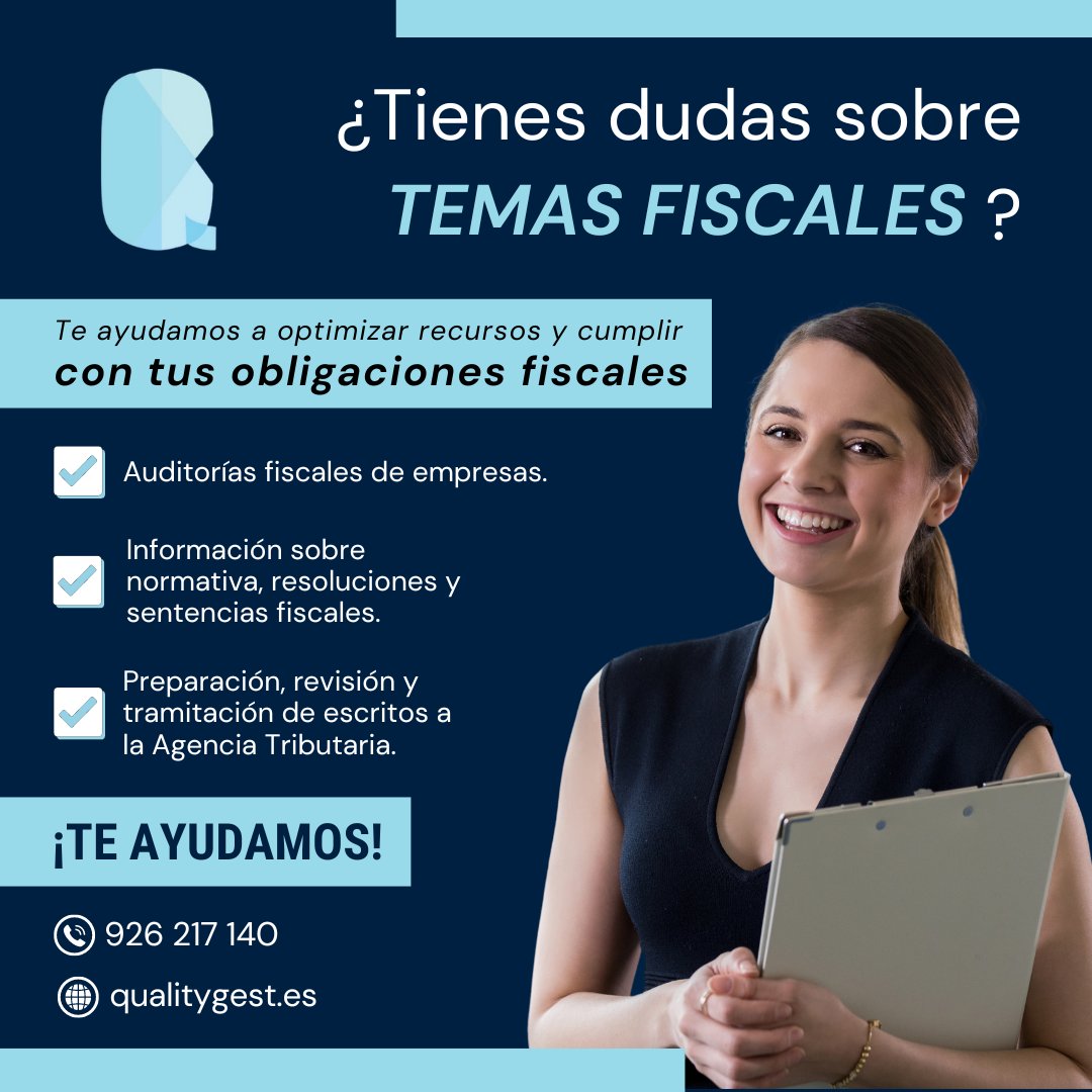 qualitygest's tweet image. 💼 ¿Tienes dudas sobre temas fiscales? En Qualitygest, estamos aquí para ayudarte a optimizar recursos y cumplir con tus obligaciones fiscales. 📊

¡Confía en nuestros expertos para asegurar la tranquilidad de tu empresa! ✅
qualitygest.es
926 217 140
#asesoriacontable