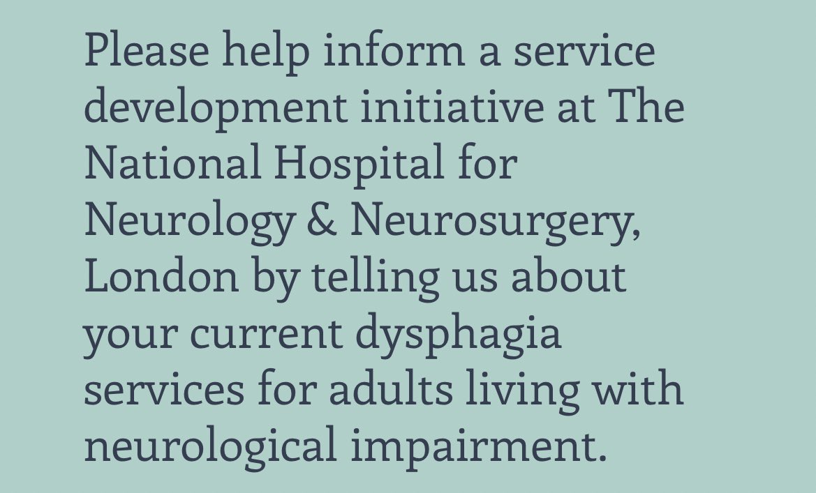 #Dysphagia #Rehabilitation across #Adult Speech &amp; Language Therapy Services in the #UK

#SLTS please liaise with your team &amp; complete our 2-minute survey about dysphagia rehabilitation services for adults living with neurological impairment: surveymonkey.com/r/FLZR3J3

🙏🏻 🙏🏻 🙏🏻