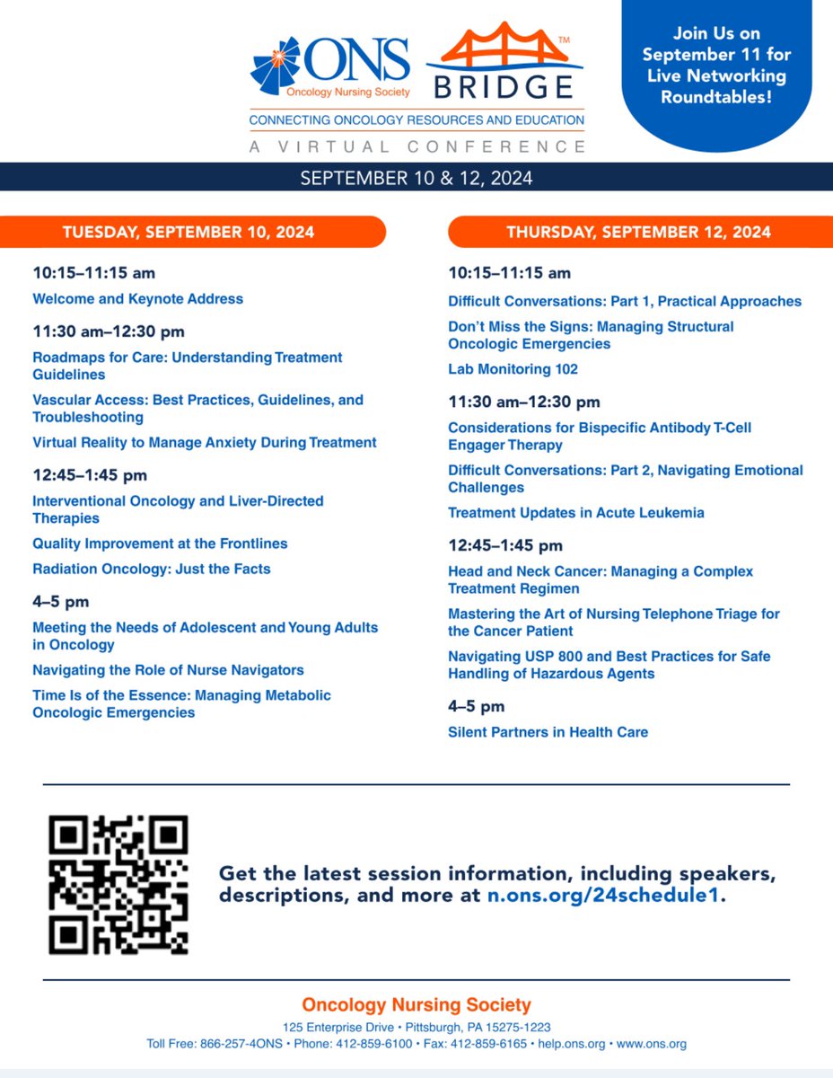 DarcyBurbage's tweet photo. ⏳Only one week away from #ONSBridge! Check out the agenda below and join us for live networking sessions & a sneak peek of what we have planned for @oncologynursing 50th Anniversary on Wednesday 9/11!
Register today for this can’t miss virtual event at https://t.co/rMFG6xyhRK ! https://t.co/pKLuTu8Gz6