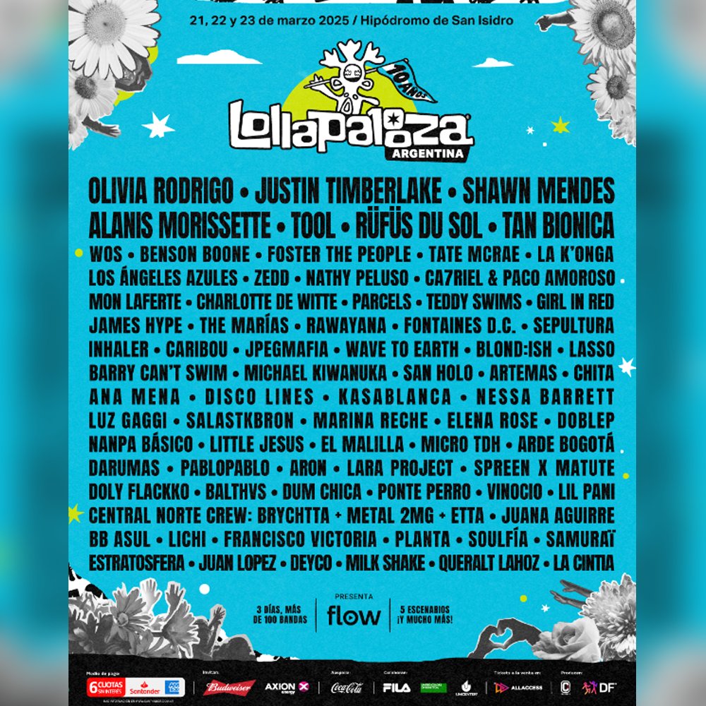 Pogopedia's tweet photo. 🚨 LOLLAPALOOZA ARGENTINA 2025 ANUNCIÓ SU LINE UP 🇦🇷

🎙️ TOOL, JUSTIN TIMBERLAKE, ALANIS MORISSETTE, OLIVIA RODRIGO, SHAWN MENDES, SEPULTURA, FONTAINES D.C, PARCELS.

🇦🇷 WOS, TAN BIÓNICA, CA7RIEL &amp; PACO AMOROSO, NATHY PELUSO, y muchos más.

❔¿Qué te pareció el line up? https://t.co/fQARrN1P2S