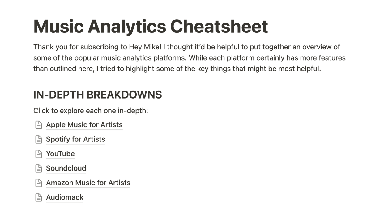heymike's tweet photo. I created a cheatsheet for artists & their teams to better analyze their streaming analytics. 

Learn Spotify for Artists & more:

Understanding and digesting your streaming consumption across different platforms can be confusing. 

Where do you look and what should you look for?

The in-depth guide below covers those questions for:
•YouTube
•Audiomack 
•Soundcloud
•Spotify for Artists 
•Apple Music for Artists 
•Amazon Music for Artists 

Learn how to...
•Which songs are performing the best 
•Where your consumption is coming from
•See where your audience is on each platform
•Understand who your audience is on each platform

View the cheatsheet here: https://t.co/PkhqM9RyOs