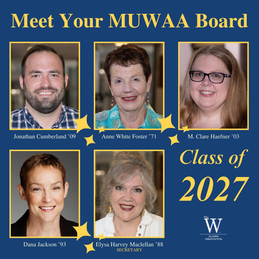 MUWalumniassoc's tweet photo. Meet your MUWAAย Boardย of Directors from the Class of 2027! Jonathan Cumberland '09, Anne White Foster '71, M. Clare Haefner '03, Dana Jackson '93 and Elyssa Harvey Maclellan '88 are ready to continue the work of #MUWAA as we #DiscoverChange this year. https://t.co/lkvUoEHNpU