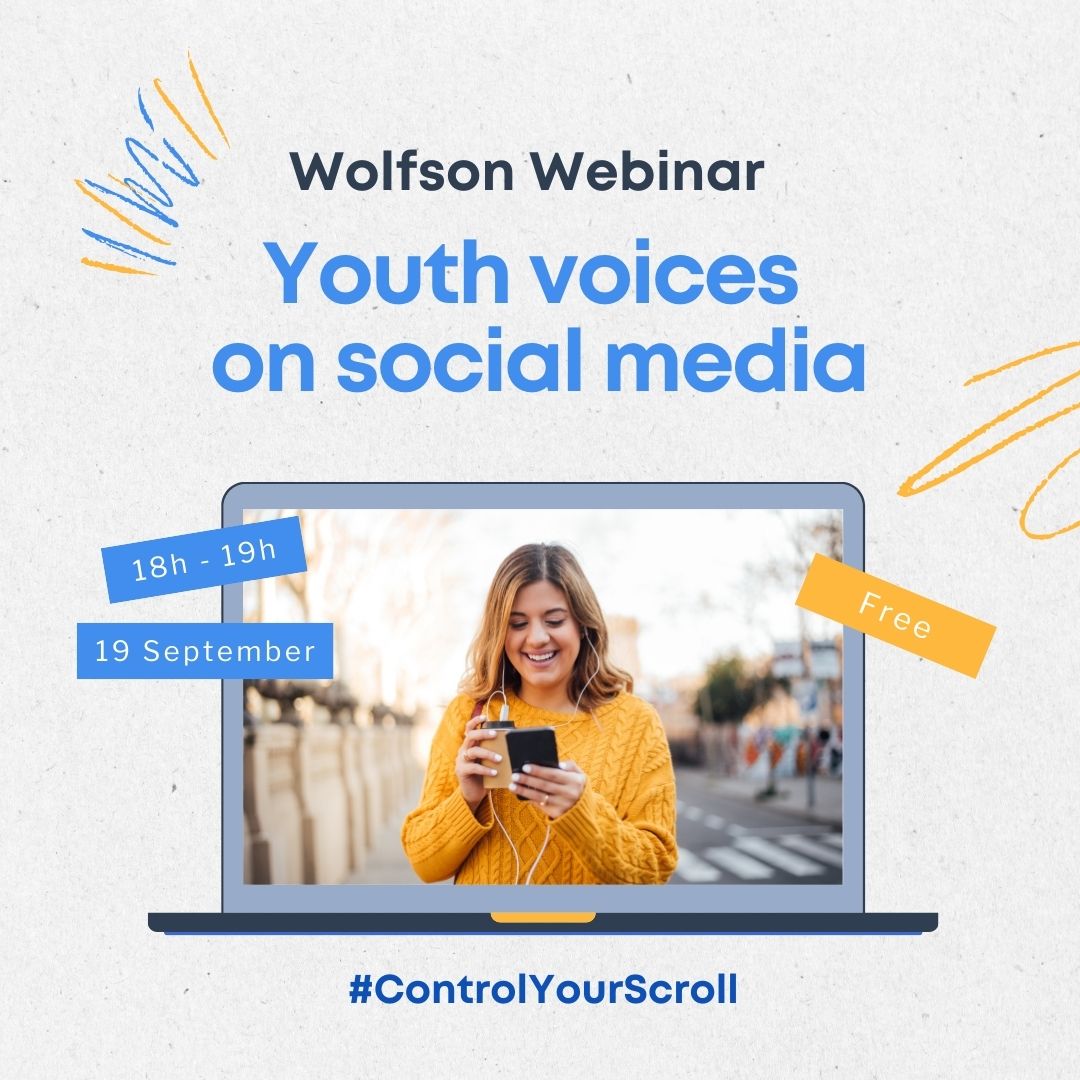 🔊Join us on 19 Sept at our ‘Youth Voices on Social Media’ #WolfsonWebinar!

Explore the impact of social media on mental health with insights from our researchers and Youth Advisory Group. 📱👫

Learn more and get your free ticket: bit.ly/WolfsonWebinar1

#youthmentalhealthday