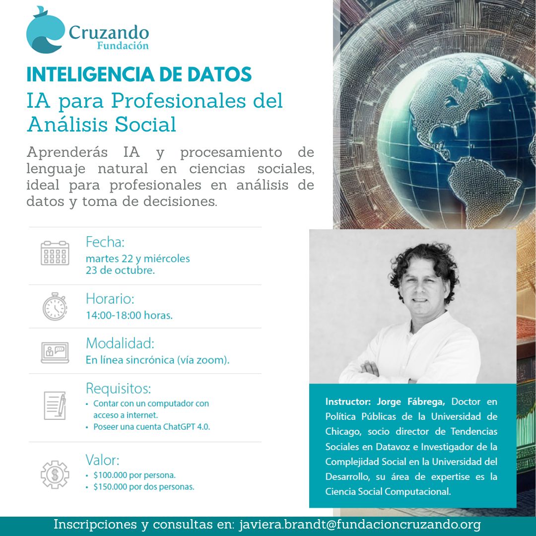 ¡Inscripciones abiertas! Este 22 y 23 de octubre aprende sobre IA y procesamiento de lenguaje natural en ciencias sociales en un taller impartido por <a href="/jorgefabrega/">Jorge Fabrega</a>. 

Ideal para profesionales en análisis de datos y toma de decisiones.