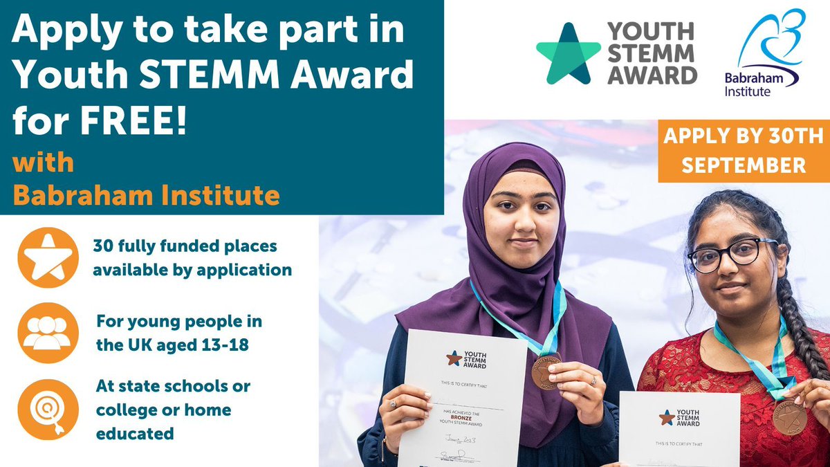 Youth STEMM Award C.I.C (@youthstemm) on Twitter photo ๐ Exciting news! The BioInspire program with <a href="/BabrahamInst/">Babraham Institute</a> is back for its 2nd year! ๐ We're offering 30 fully funded places for young people passionate about STEMM.
Educators, pls share with your students! Apply by 30th Sept
๐ buff.ly/3zfY9Se
#FutureScientists ๐ Exciting news! The BioInspire program with <a href="/BabrahamInst/">Babraham Institute</a> is back for its 2nd year! ๐ We're offering 30 fully funded places for young people passionate about STEMM.
Educators, pls share with your students! Apply by 30th Sept
๐ buff.ly/3zfY9Se
#FutureScientists