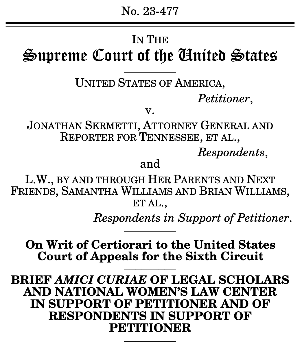 We’ve filed an amicus brief in support of the challengers to Tennessee’s transgender health care ban on behalf of @NWLC and 17 national experts on constitutional and antidiscrimination law.
supremecourt.gov/DocketPDF/23/2…