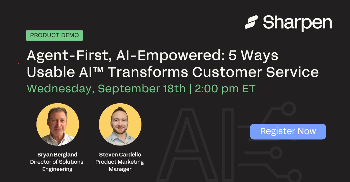 Ready for AI Just real-world tools empowering agents.

Join us 9/18 at 2 pm ET where we'll show how our Agent-First approach, powered by Usable AI™, is revolutionizing CX.
 
❌ No hype. ✅ Just real-world tools empowering agents.

Register ➡️ lnkd.in/g8_4PmVV