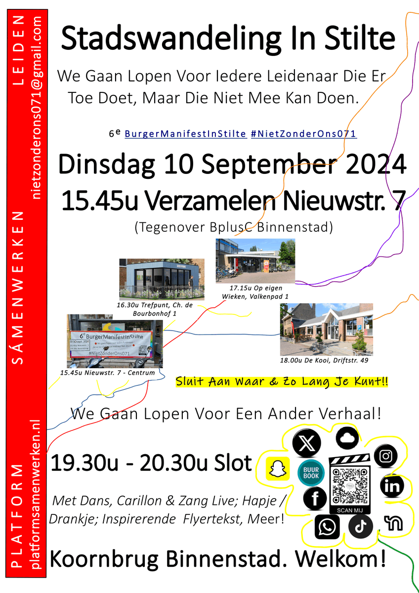 Wandeling in Stilte di 10 sept. 15.45u Nieuwstr. 7 - tegenover Bplus Centrum Leiden -  erkent de kracht, energie, eigenheid en schoonheid van ‘Anders zijn’. #HebHetHartBurgers071  

Wandel mee voor een Ander verhaal!  #NietZonderOns071 'Voor degene die dacht dat hij alleen was'