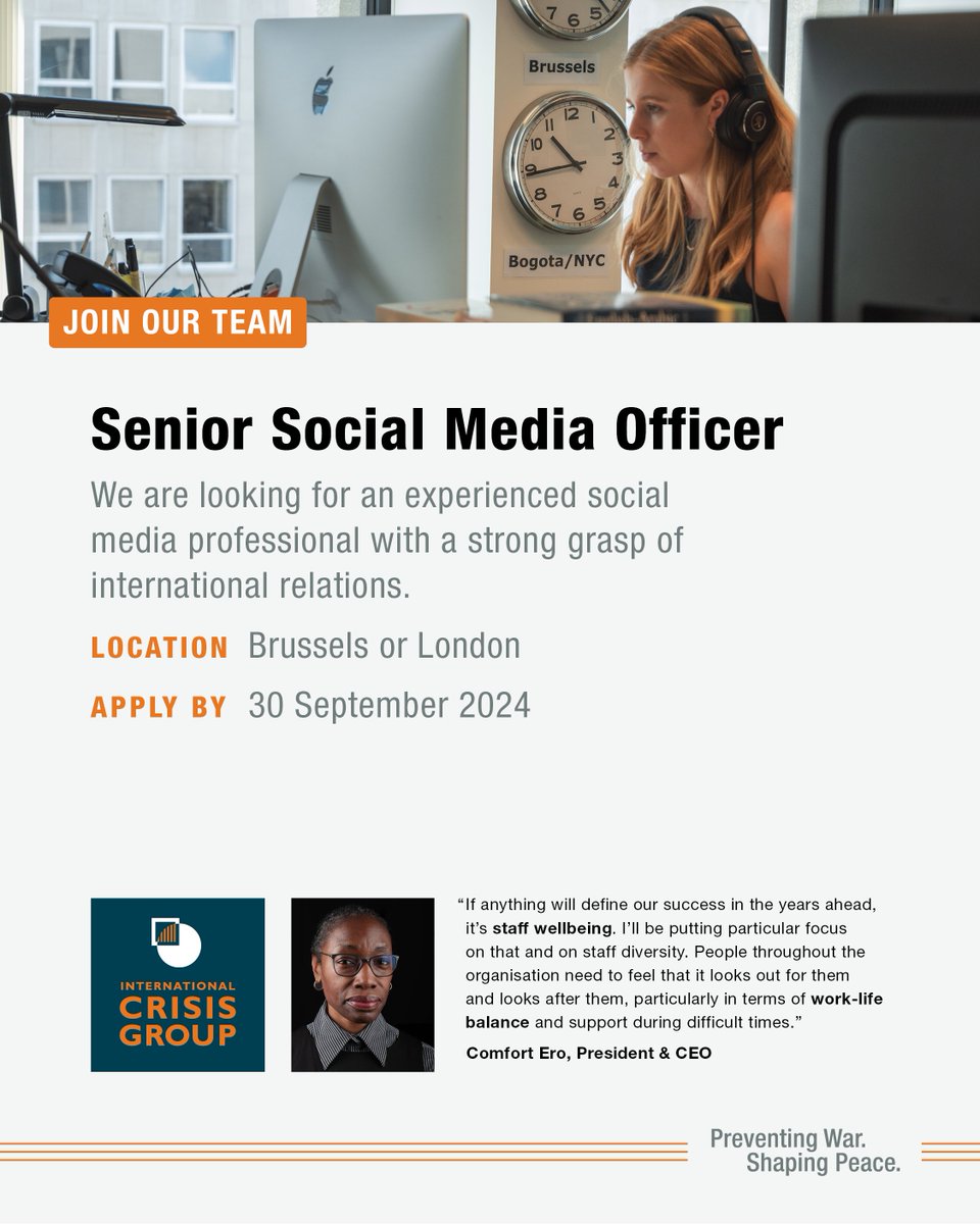 CrisisGroup's tweet image. We are hiring a Senior Social Media Officer!

📍 Based in Belgium or the United Kingdom.

Learn more and apply here: jobs.crisisgroup.org/o/senior-socia…