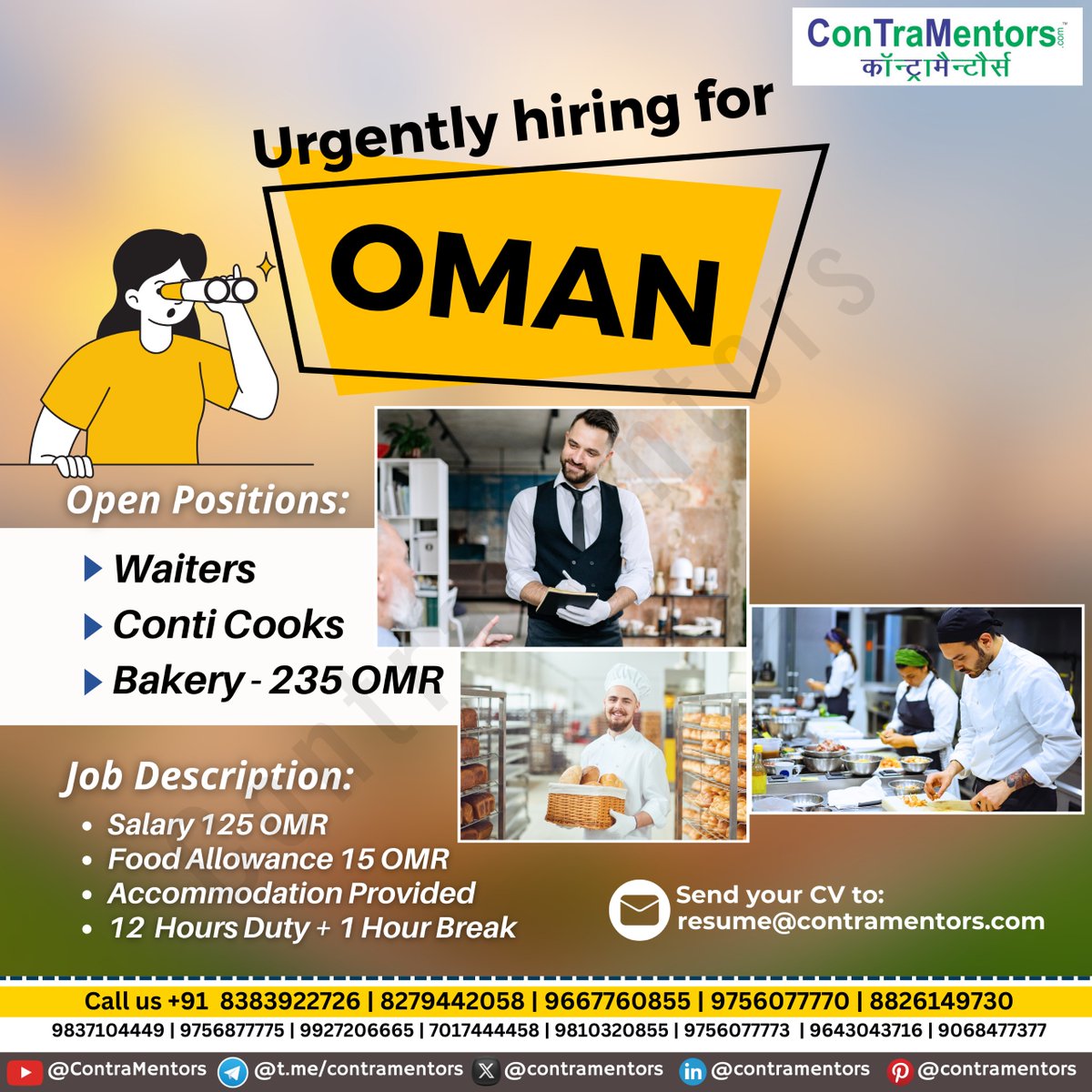 Urgent Hiring for #Oman
Good Salary, Accommodation and more Free Allowances  
Contact Us for more details.  
#hiringnow #jobsearch #jobabroad #contramentors #jobsoverseas #jobplacement #overseasjobs #career