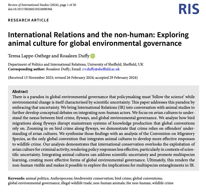 In their article, <a href="/tlappeosthege/">Dr Teresa Lappe-Osthege</a> &amp; Rosaleen Duffy "focus on avian cultures to understand the nexus between bird crime, flyways, and global environmental governance." Check it out, it's #OpenAccess! 

📄 👉 buff.ly/4e12cAA