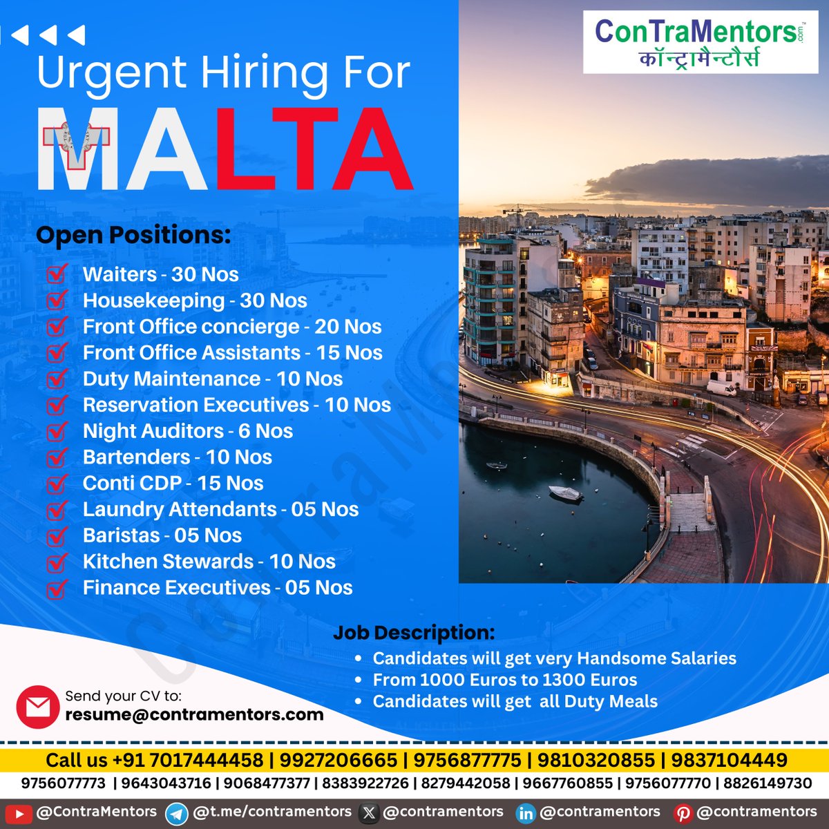 Urgent Hiring for #Malta 
Good Salary, Accommodation and more Free Allowances
Contact Us for more details.
#hiringnow #jobsearch #jobabroad #contramentors #jobsoverseas #jobplacement #overseasjobs #career