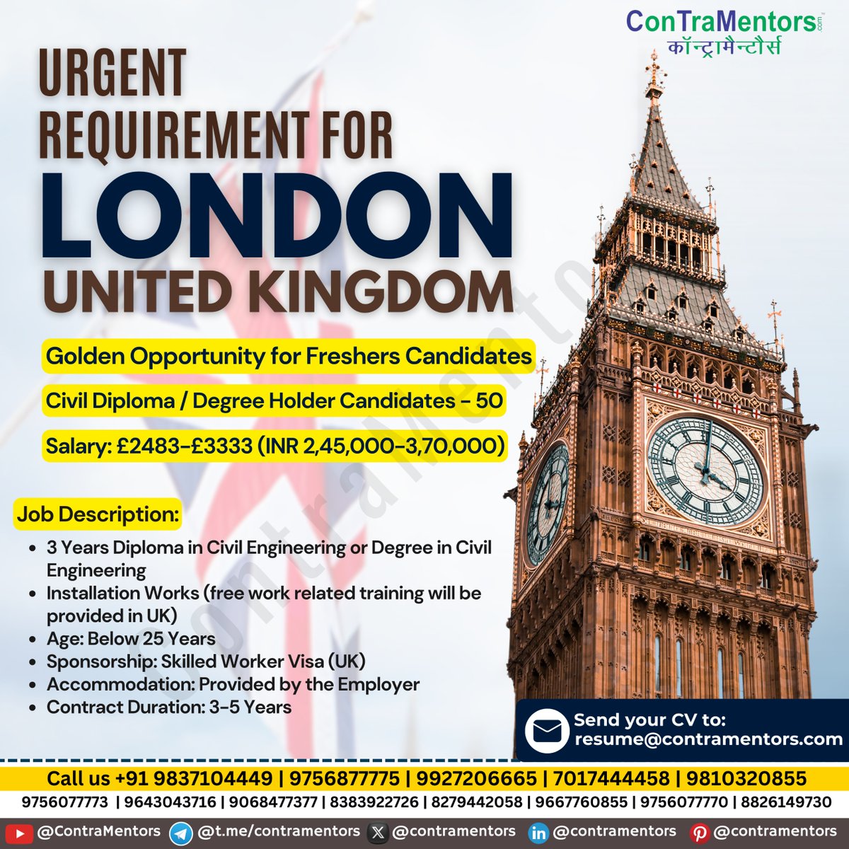 Urgent Hiring for #London #uk 
Good Salary, Accommodation and more Free Allowances
Contact Us for more details.
#hiringnow #jobsearch #jobabroad #contramentors #jobsoverseas #jobplacement #overseasjobs #career