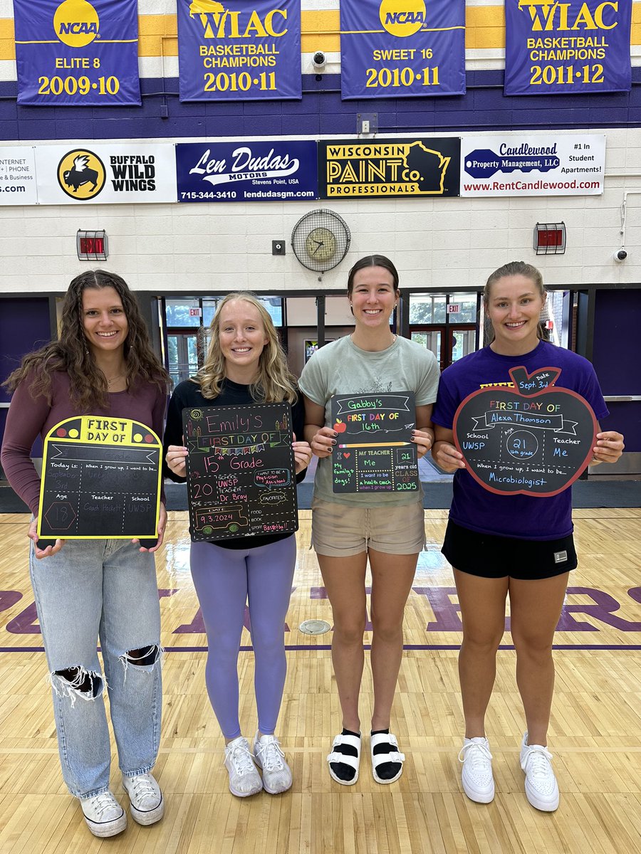 UWSPWBB's tweet photo. Back to School 🏫 @UWStevensPoint 

Day☝️pics 📷 for these #Pointers ⛹️‍♀️🏀 

1️⃣3️⃣, 1️⃣5️⃣, &amp; 1️⃣6️⃣th Graders 📚 ✏️

SPECIAL “Last First Day” for seniors Alexa Thomson &amp; Gabby Gawlitta‼️

💜 #Back2School 🦅 #FlyHigher 💛 https://t.co/5vE4YPrzgs