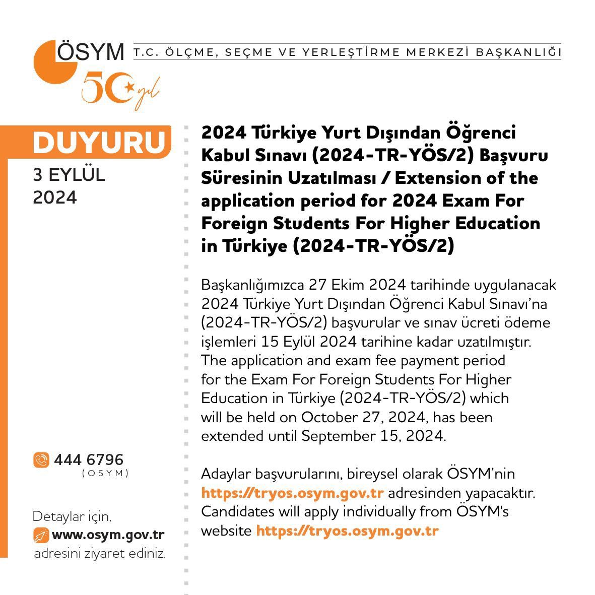 TorontoEgitim's tweet image. 2024 Türkiye Yurt Dışından Öğrenci Kabul Sınavı (2024-TR-YÖS/2) Başvuru Süresinin Uzatılması / Extension of the application period for 2024 Exam For Foreign Students For Higher Education in Türkiye (2024-TR-YÖS/2)

osym.gov.tr/TR,30668/2024-…
İlgili öğrencilerimizin dikkatine!!!