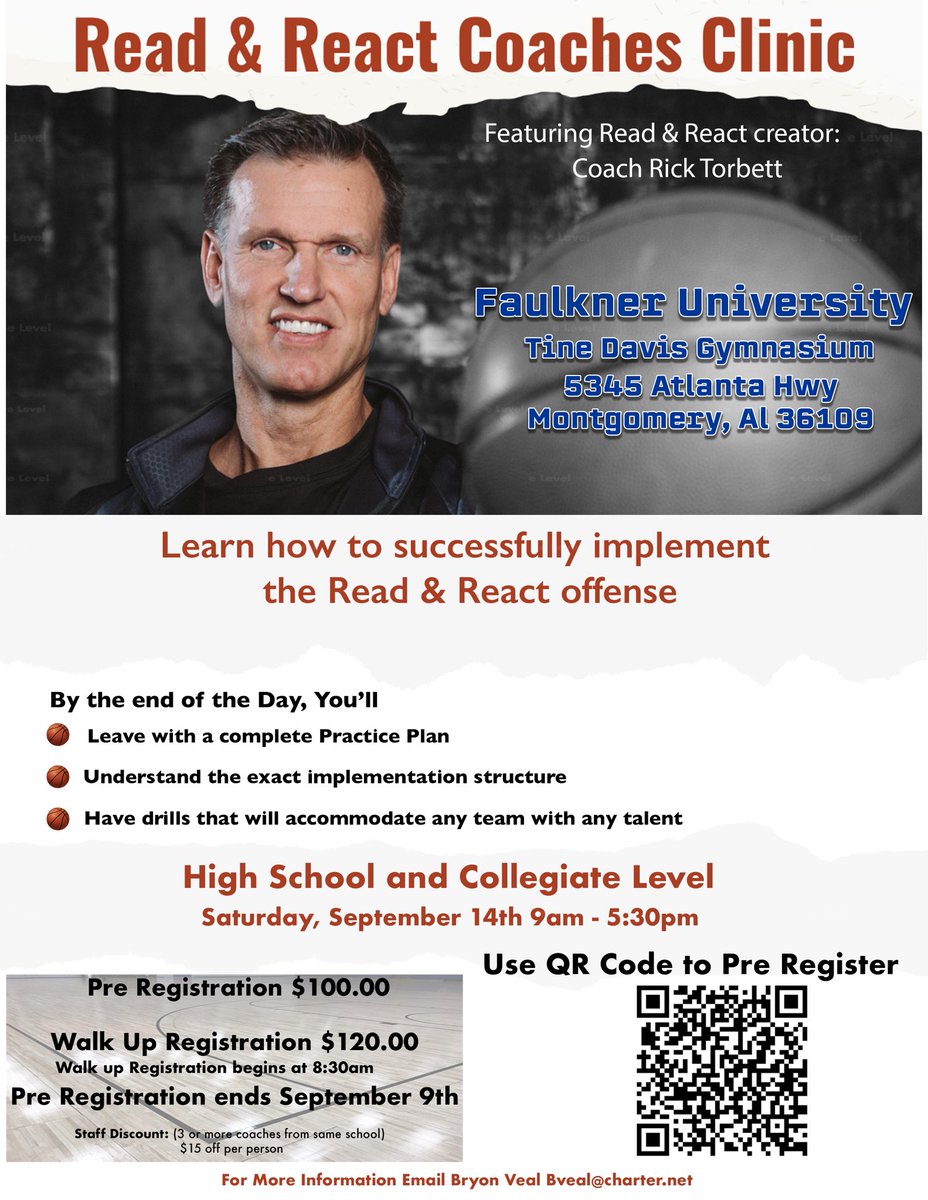 Coaches don’t wait, only 7  days left to pre register for the Read and React offense Coaching Clinic at Faulkner University in Montgomery, Al. This Coaching Clinic is open to coaches of ALL LEVELS. Coaches don’t miss out on this incredible opportunity, use the link to purchase