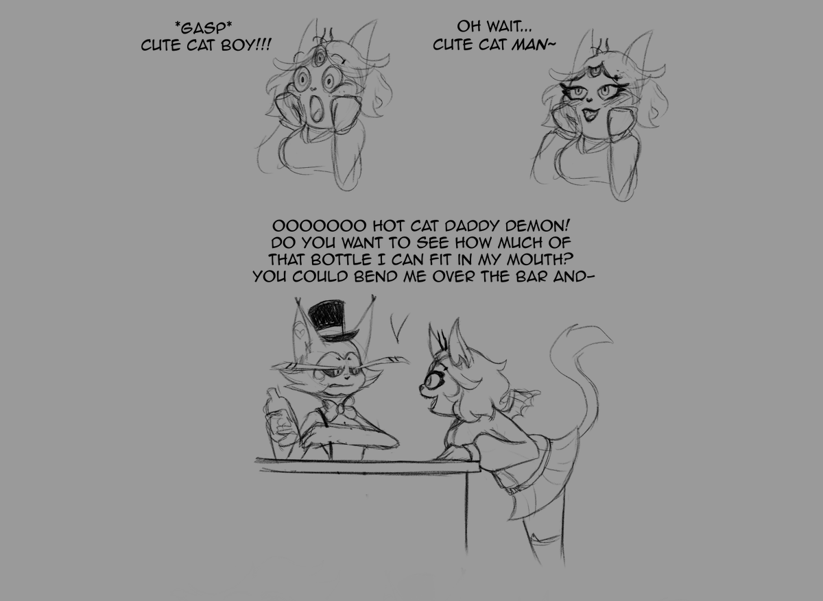 Shrineheart's tweet photo. A friend on Tumblr proposed Emberlynn meeting Husk and I had to draw it. https://t.co/kVkmEzK1RY