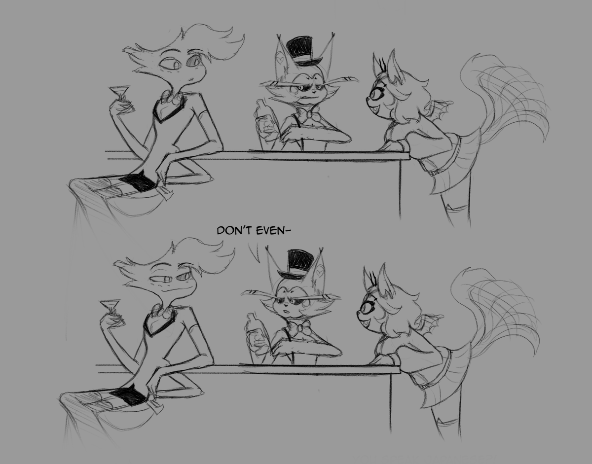 Shrineheart's tweet photo. A friend on Tumblr proposed Emberlynn meeting Husk and I had to draw it. https://t.co/kVkmEzK1RY