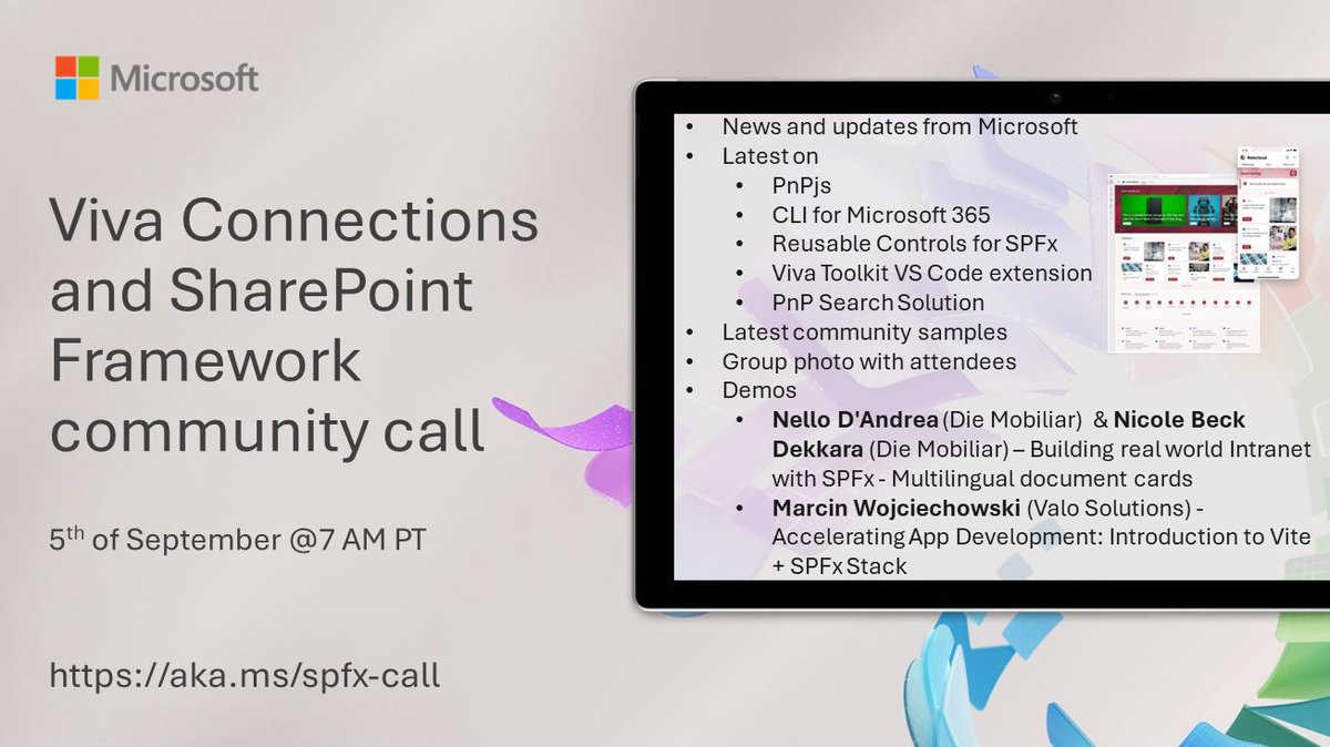 📅 Agenda for the #MicrosoftViva &amp; #SPFx call 5th of September

- The latest roadmap &amp; other updates 
- Focus on multilingual document cards and intro to vite + SPFx stack
- Presented by <a href="/NelloDAndrea/">Nello D'Andrea</a>, Nicole Beck Dekkara and <a href="/mgwojciech/">Marcin Wojciechowski</a> 

+more! 🚀

👋 Join the call →