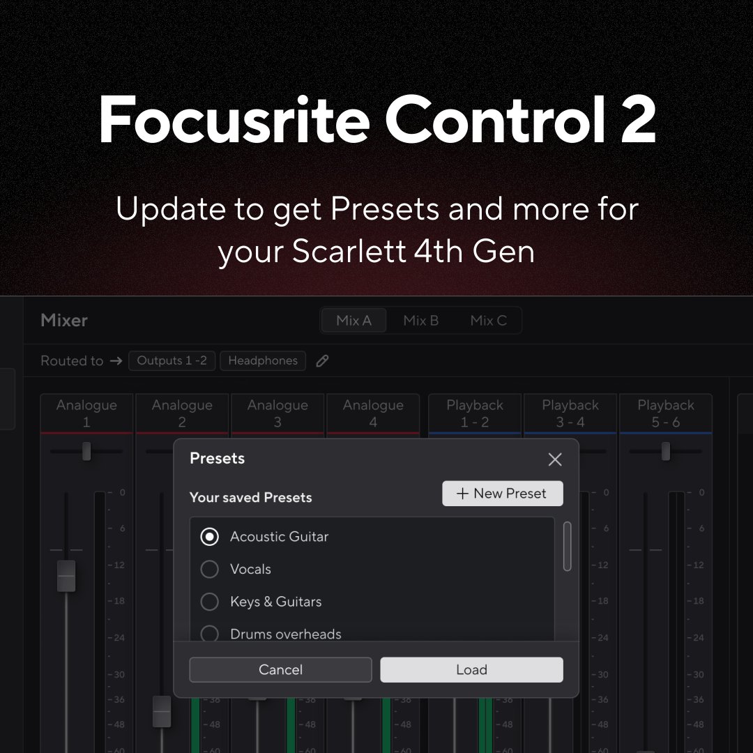 🚨 New software update for Focusrite Control 2 brings improved workflow and accessibility features to Scarlett 4th Gen, now available to download. 

To download Focusrite Control 2 and find out about the new features, follow the link: 
bit.ly/focusritecontr…