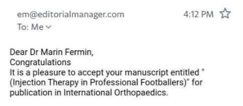 Thrilled to announce the acceptance of my manuscript, ‘Injection Therapy in Professional Footballers,’ for publication in International Orthopaedics! Grateful for the opportunity to contribute to the field. #Orthopaedics #SportsMedicine #Research