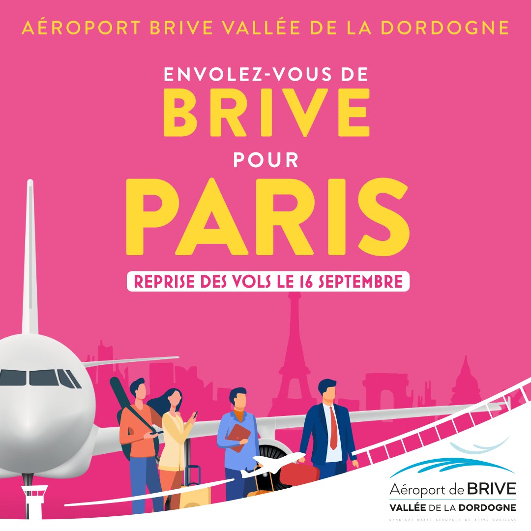 FlyingBrive's tweet image. Reprise des vols de Brive&amp;gt;@ParisAeroport à compter du LUNDI 16 SEPTEMBRE, avec 2 vols aller-retours par jour ...
+ d'infos sur le site internet de l’aéroport : aeroport-brive-vallee-dordogne.fr/destinations/v…