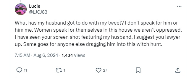 This aged well. Lucy Connolly's husband was doing the media rounds yesterday, calling her a basic housewife who overstepped the mark.