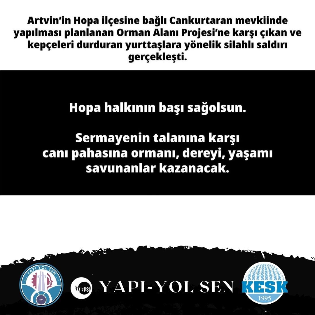 YolGenel's tweet image. Artvin’in Hopa ilçesine bağlı Cankurtaran mevkiinde Köylülerin alanda nöbet tuttuğu esnada iş makinalarını alana sokmak isteyenler, köylülerin üzerine silahla ateş açılmıştır.
Canı pahasına ormanı, dereyi, yaşamı savunanlar kazanacak.