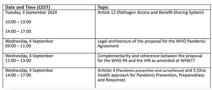 Discussions on the #PandemicAgreement have resumed in Geneva + virtually. 🧐 Expert intersessional dialogues focus on pathogen access and benefit sharing, legal architecture, complementarity with the International Health Regulations, prevention &amp; surveillance, and One Health.