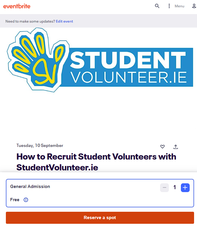 Pop along to our Online Workshop - step-by-step Recruiting Student Volunteers with our online platform StudentVolunteer.ie!
Tuesday, 10 September, 13.00-14.00
Register here:
eventbrite.com/e/how-to-recru…