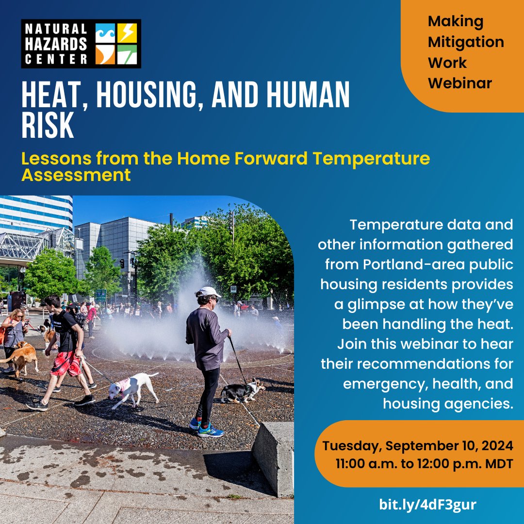 HazCenter's tweet photo. The record breaking heat in August is one more reminder of the need to adapt to a changing climate. Join this #MakingMitigationWork Webinar for lessons from Oregon. Next Tuesday at 11 a.m. MDT. https://t.co/z1fU2675V8
@haggerbpdx, @homeforwardnews, @MultCoHealth https://t.co/4XmSkHXhL2