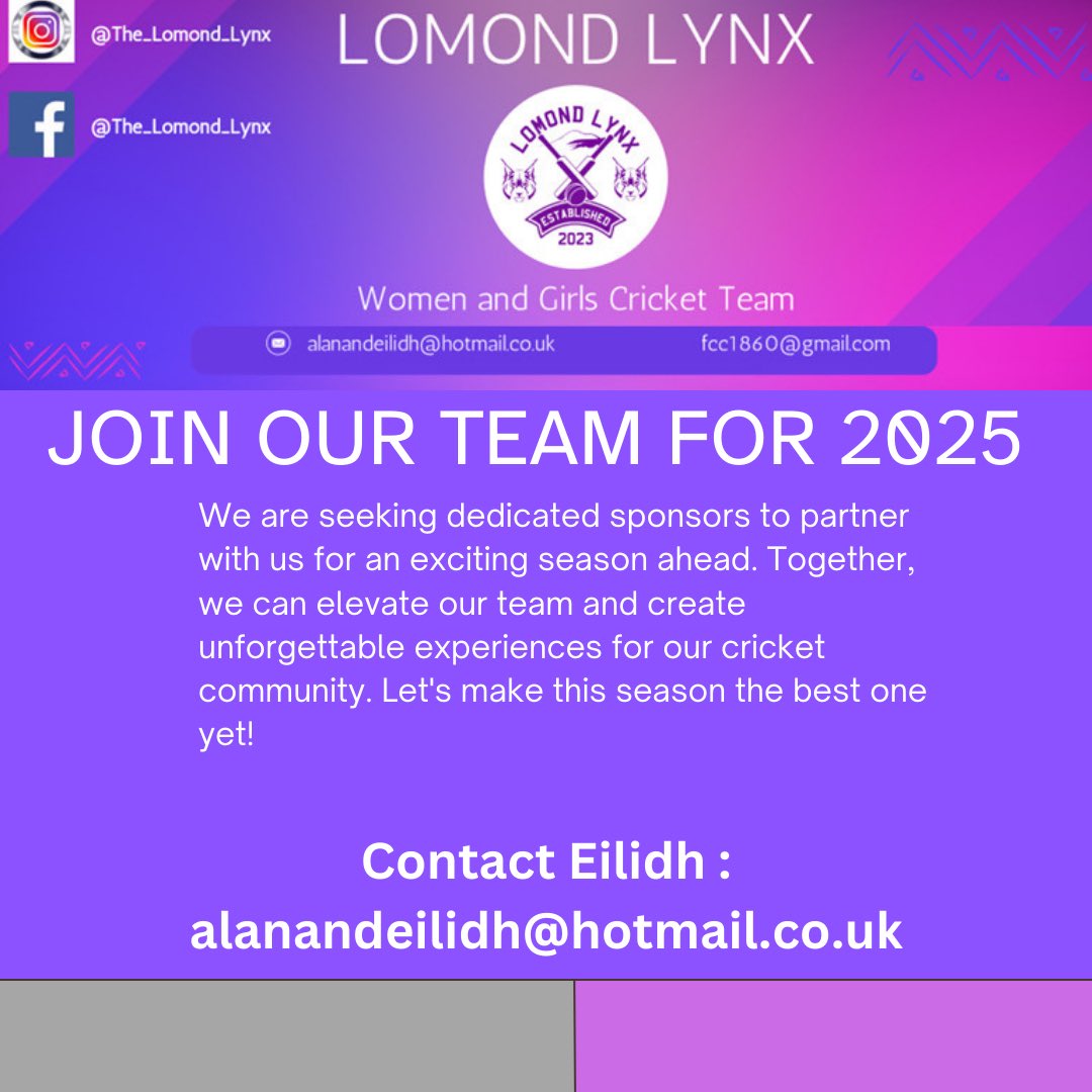 As season 2023 comes to a close  we look forward to 2025 and sponsorship. We would love to have a main shirt sponsor for 2025. If anyone knows any company/individual that might like to sponsor the Lomond Lynx please get in touch. Fifes only women’s cricket team.