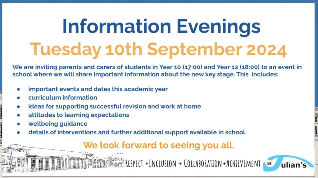 We are inviting parents and carers of students in Year 10 (5.00pm) and Year 12 (6.00pm) to an event in school on Tuesday 10th September. At this event we will share important information about the new key stage and the year ahead.