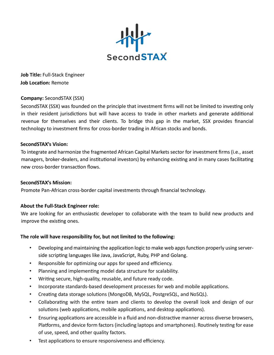 secondSTAX's tweet photo. Join @SecondSTAX as a Full-Stack Engineer &amp; play a pivotal role in revolutionising cross-border capital investments across Africa with innovative fintech solutions.  

Ready to make an impact? Read more below &amp; apply now via careers@secondstax.com  

#SecondSTAX
#SSXCareers https://t.co/7RSk4R6rO0