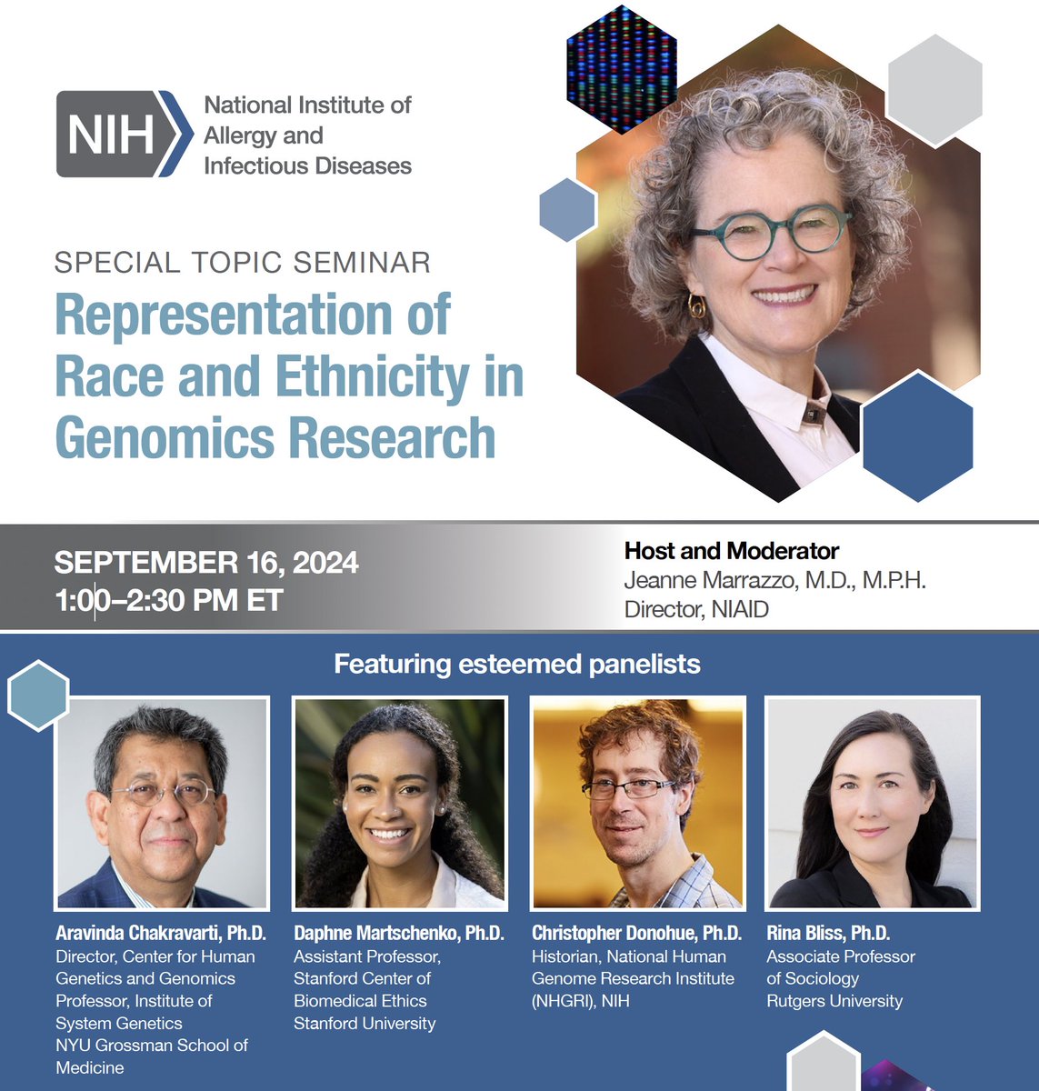 Join for "Representation of Race and Ethnicity in Genomics Research" on September 16th 1-2:30PM ET. Registration: nih.zoomgov.com/webinar/regist…