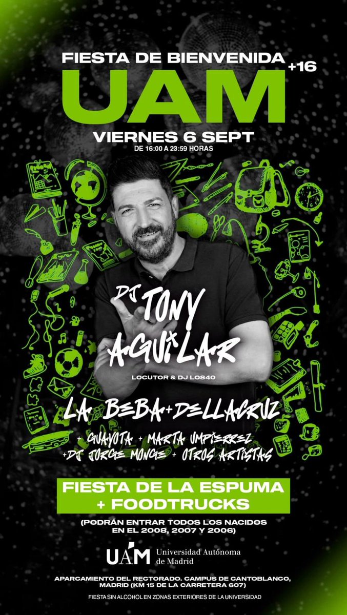 Este viernes 6 será un honor para mí dar comienzo al curso universitario en la <a href="/UAM_Madrid/">UAM Autónoma Madrid</a> con una fiesta de bienvenida para l@s alumn@s y amig@s. Con las actuaciones de <a href="/labebabsl/">LA BEBA</a> <a href="/dellacruzmusic/">Dellacruz</a> y muchos más artistas y DJs.