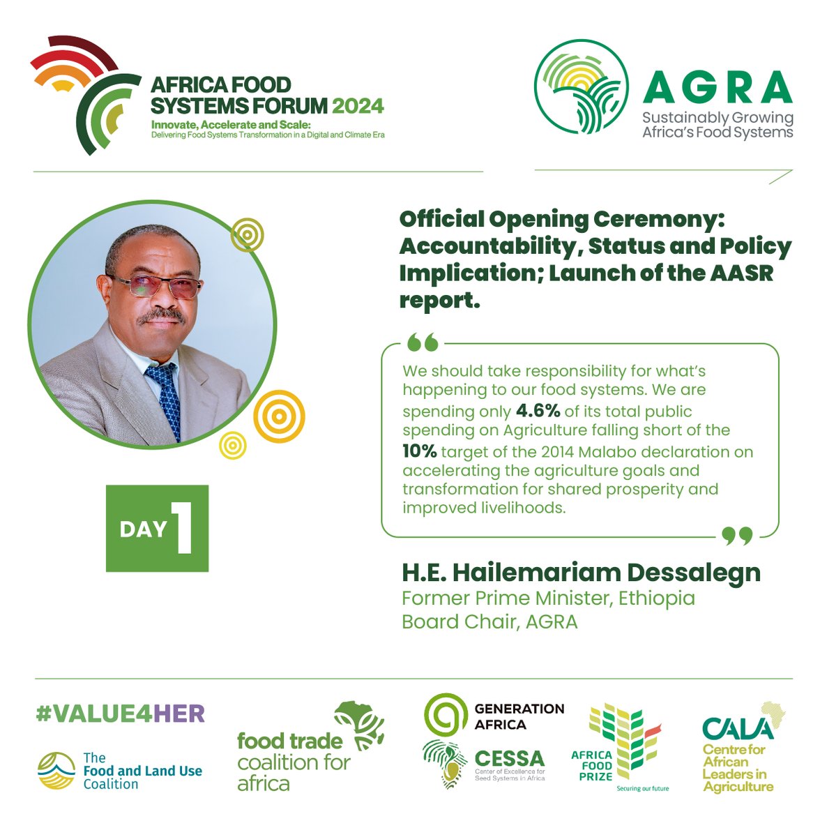 AGRA_Africa's tweet photo. Day 1 | Official Opening Ceremony: Accountability, Status and Policy Implication; Launch of the AASR report.

"Evidently, food systems are about production, nutrition, connectivity, and trade, and they are about connecting farmers to markets, enabling small-scale farmers to become small and medium enterprises. They are also about providing consumers with essential information and addressing the impact of climate change, particularly, in the regions like Africa that suffer greatly despite net zero emissions." - Hailemariam Desalegn, Chair of the Board, AGRA. 

#AFSForum2024 #FoodSystems #AFSForum24 #AGRAImpact @Agnes_Kalibata @HMDessalegn @RwandaAgri @Ilde_Musafiri