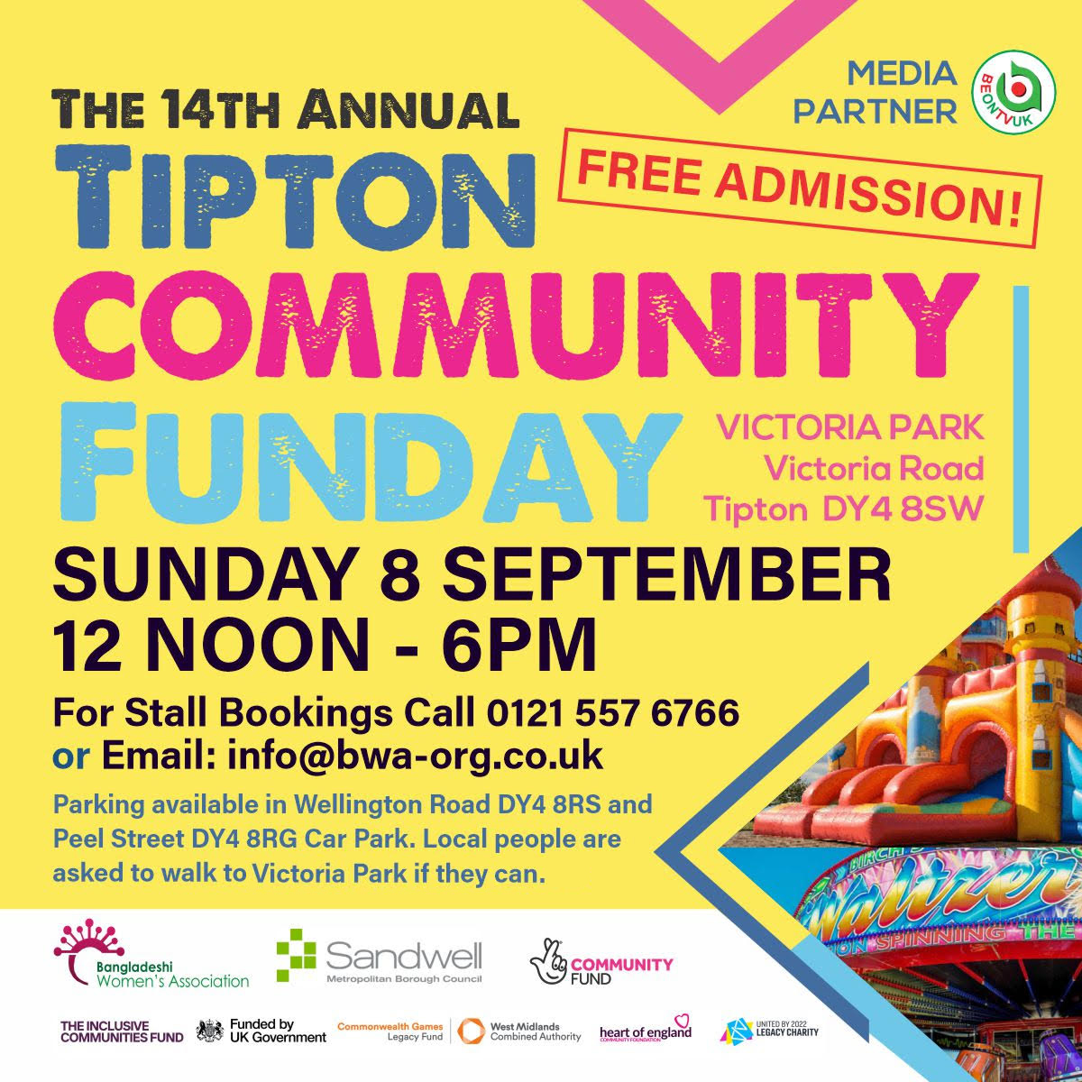 🌟✨ Looking for something to do THIS Sunday 8 September? 

📌 Come down to Victoria Park for Tipton Community Fun Day. 
🎟️ FREE ENTRY
⏰ 12pm – 6pm

🎠 Fairground Rides 
🍛 Food Stalls 
🏰 Bouncy Castle
🎭 Stage performances 
💪 Wrestling 
✅ Family fun