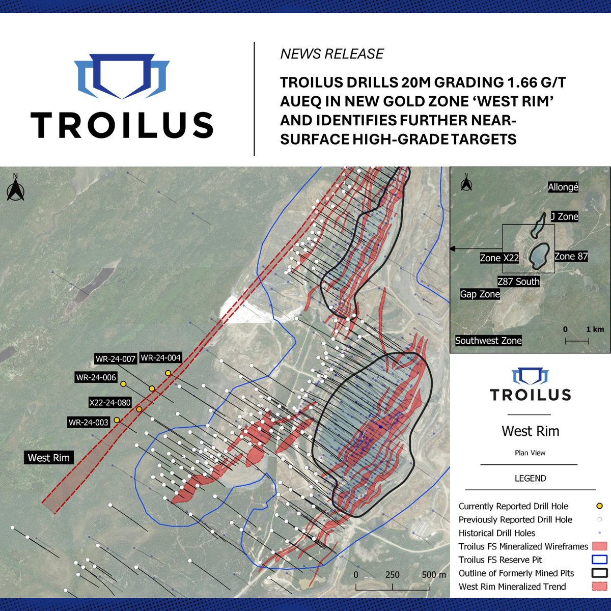 TroilusMining's tweet image. Troilus drills 20m grading 1.66 g/t AuEq in new gold zone ‘West Rim’ and identifies further near-surface high-grade targets.

Read the news here: troilusgold.com/news-and-media…   

TSX: $TLG | OTCQX : $CHXMF | FSE : $CM5R

#Mining #Exploration #TroilusGold #quebec #Gold #Copper