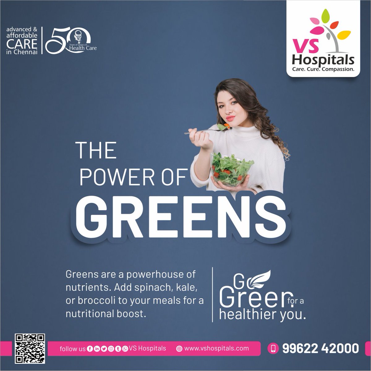 Kickstart National Nutrition Week 2024!
The Power of Greens

A vibrant salad bowl filled with leafy greens, avocado, and a lemon wedge.

"Go green for a healthier you."

#VSHospitals #Chennai #EatYourGreens #PowerOfPlants #HealthyEating #NutritionMatters