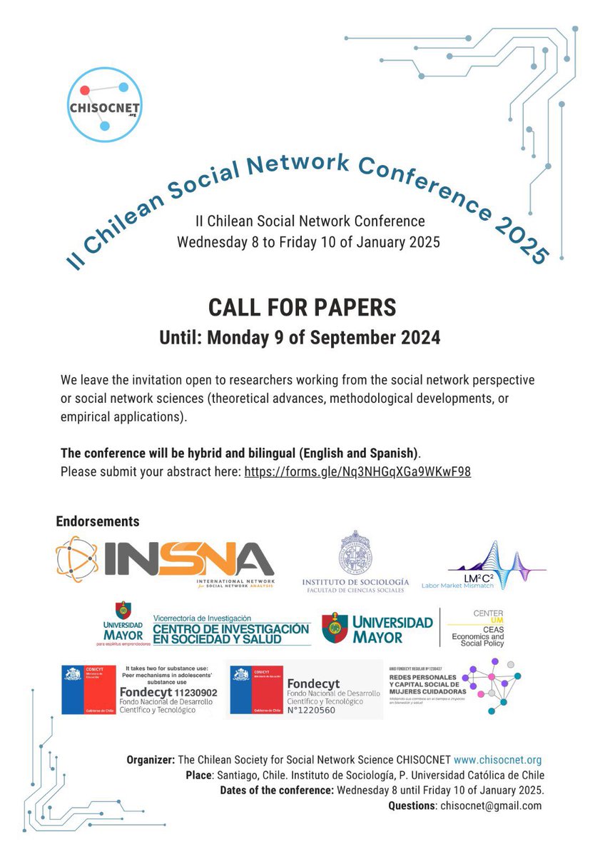 CHISOCNET (@chisocnet) on Twitter photo Only one more week! Call for Abstracts Until: 9 September
II Chilean Social Network Conference of the Chilean Society for Social Network Science (ChiSocNet) at
<a href="/UCSociologia/">SociologíaUC</a>. Hybrid and bilingual conference (English/Spanish). chisocnet.org/events/confere… <a href="/SocNetAnalysts/">INSNA</a> <a href="/lista_redes/">Lista Redes</a> Only one more week! Call for Abstracts Until: 9 September
II Chilean Social Network Conference of the Chilean Society for Social Network Science (ChiSocNet) at
<a href="/UCSociologia/">SociologíaUC</a>. Hybrid and bilingual conference (English/Spanish). chisocnet.org/events/confere… <a href="/SocNetAnalysts/">INSNA</a> <a href="/lista_redes/">Lista Redes</a>