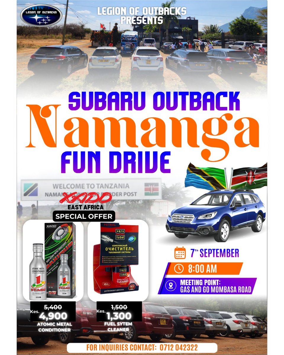 Xado_EA's tweet photo. All Subaru Outback Owners unite! This Saturday we will be joining the @legion_of_outbacks for their #SubaruOutbackNamangaDrive … we will have special discounts for them! Fuel Sytem Cleaners at 1,300 and Atomic Metal Conditioner at 4,900 The Only away is the #XadoWay #XadoCares https://t.co/PH9AJLvqyO