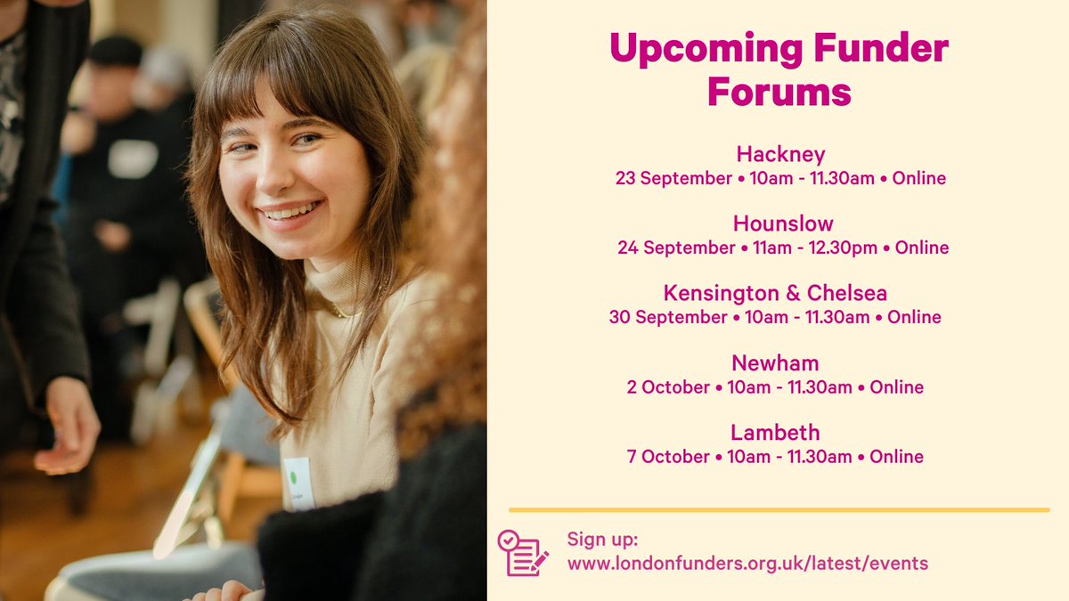 We've announced dates for our next local funder forums - a chance for funders to connect with other funders investing in London's boroughs, discuss the latest issues affecting communities, share learning &amp; explore new ways to work together 🤝

View here ➡️ londonfunders.org.uk/latest/events