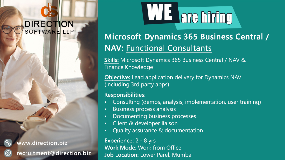directionswsoln's tweet photo. 🚀 We're #Hiring! 🚀

Join us as a Microsoft #Dynamics365 #BusinessCentral / #NAV #FunctionalConsultant in Lower Parel, #Mumbai

Lead our application delivery for #DynamicsNAV &amp; make an impact

Send your resume: recruitment@direction.biz

#NAVConsultant #DirectionSoftware #D365 https://t.co/Lr5DTmr3sl