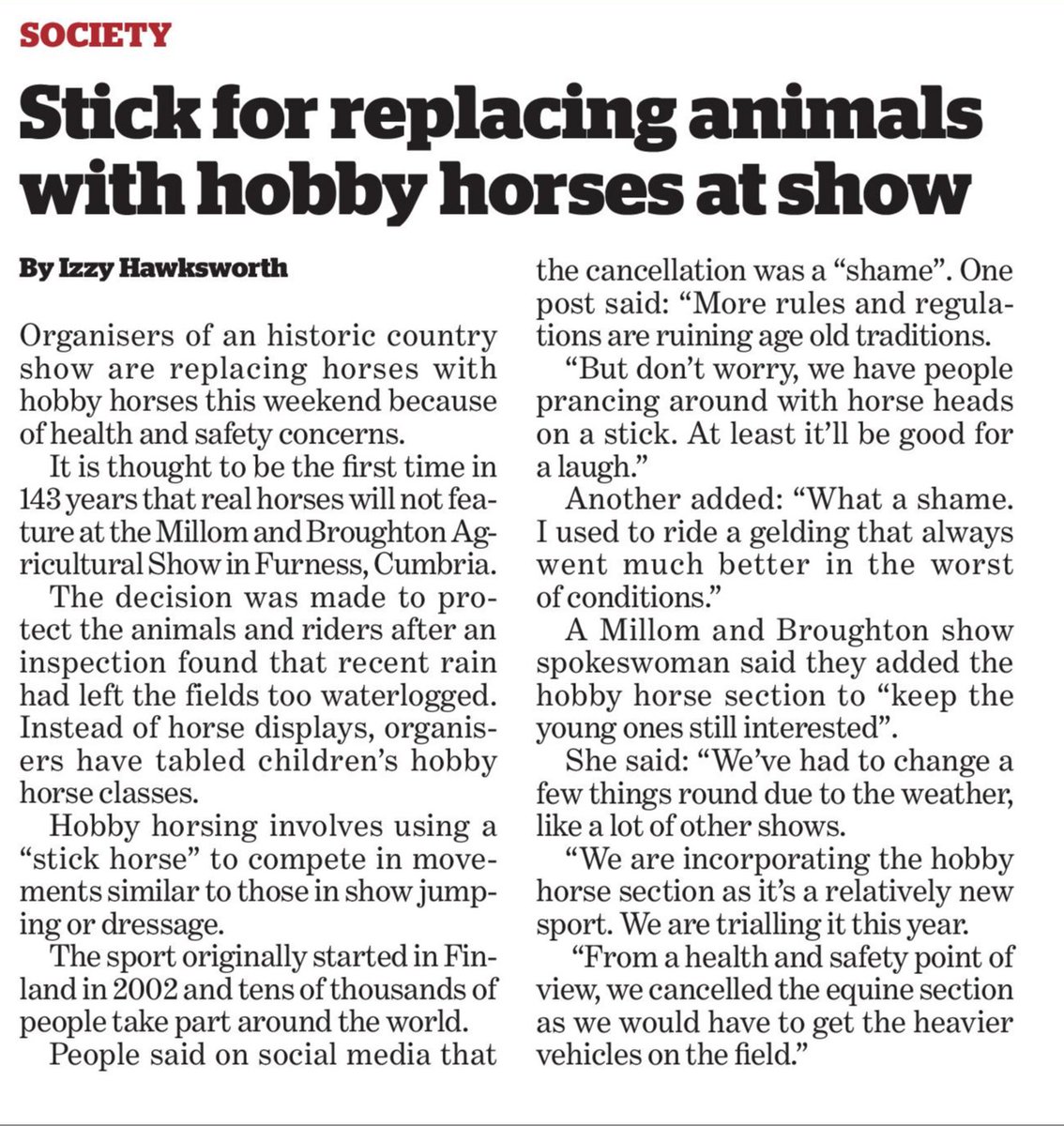 SWNS Leeds (@swnsleeds) on Twitter photo Organisers of an historic country show replaced horses with hobby horses amid health and safety concerns.
It is thought to be the first time in 143 years that horses will not feature at the Millom and Broughton Agricultural Show in Broughton in Cumbria.
๐- <a href="/izzy_hawksworth/">Izzy Hawksworth</a> Organisers of an historic country show replaced horses with hobby horses amid health and safety concerns.
It is thought to be the first time in 143 years that horses will not feature at the Millom and Broughton Agricultural Show in Broughton in Cumbria.
๐- <a href="/izzy_hawksworth/">Izzy Hawksworth</a>