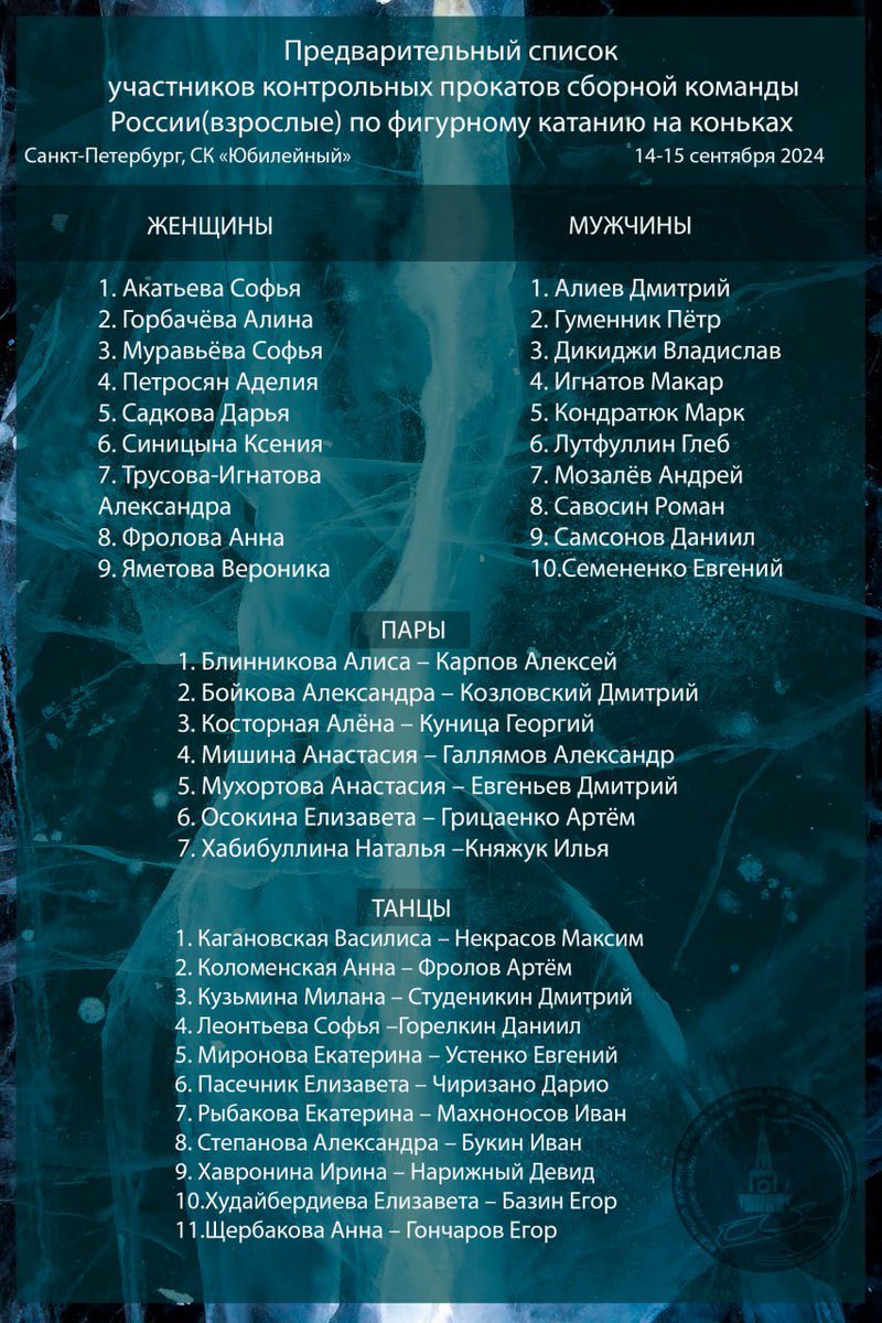 ❗️❗️ПРЕДВАРИТЕЛЬНЫЙ список участников контрольных прокатов сборной команды России (взрослые)
по фигурному катанию на коньках ❗️❗️
 
#контрольные_прокаты