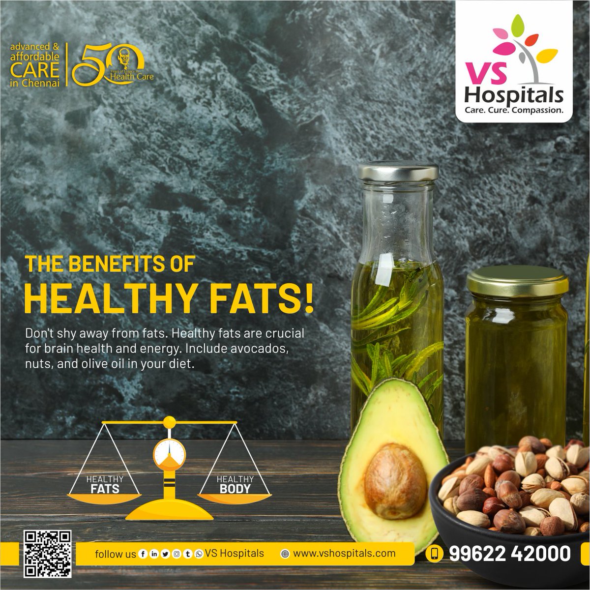Kickstart National Nutrition Week 2024!

 The Benefits of Healthy Fats
 
Don’t shy away from fats! Healthy fats are crucial for brain health and energy. Include avocados, nuts, and olive oil in your diet.
 
 "Healthy fats = healthy body."
 
 #VSHospitals #Chennai #HealthyFats
