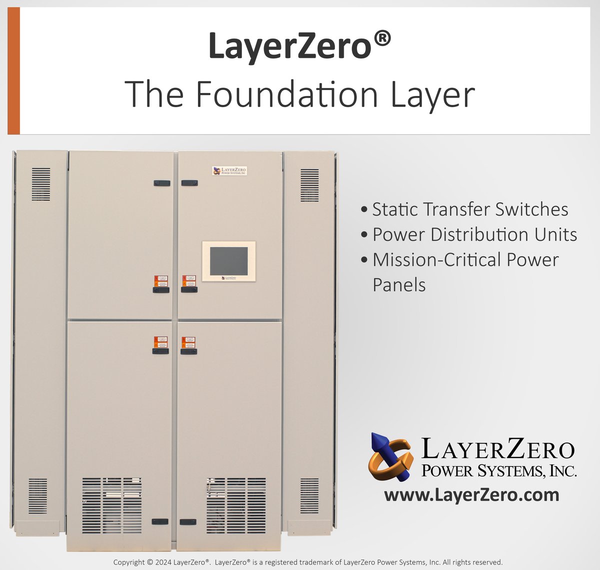 LayerZero's tweet image. LayerZero designs static transfer switches, PDUs, and mission-critical power panels for data centers. As the &quot;Foundation Layer,&quot; we ensure reliable power distribution for your critical infrastructure.  #LayerZero #DataCenters #TheFoundationLayer #LayerZero2024 #LZPS