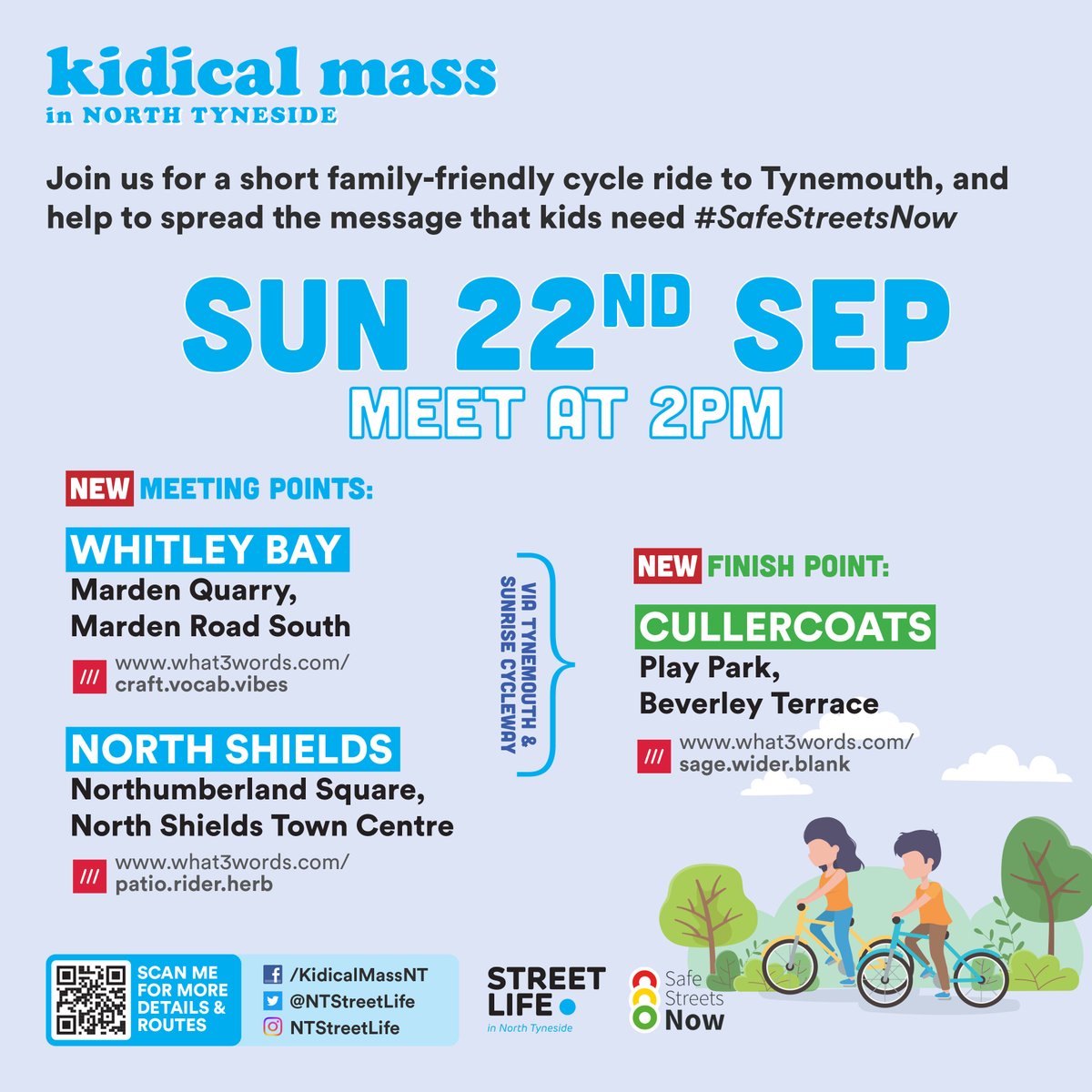 Confirmed starting points for our September 22nd #KidicalMass - outside Marden Quarry (as in May) and in Northumberland Square (NOT Park). And ending together at the seafront play park in Cullercoats <a href="/KidicalMassNE/">Kidical Mass North East</a>
